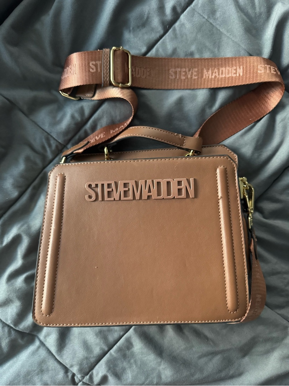 Steve Madden Tan Leather Messenger Bag with Branded Strap